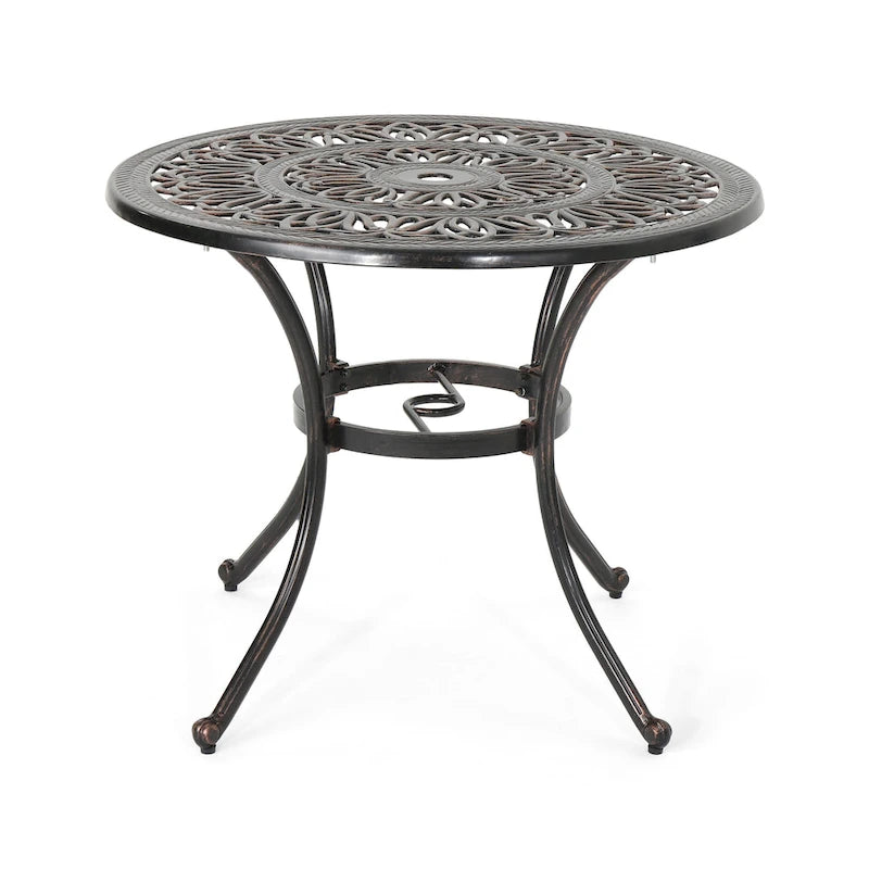 Shaili Outdoor Dining Table, Round 35 Inch Shiny Coppertone Cast Aluminum