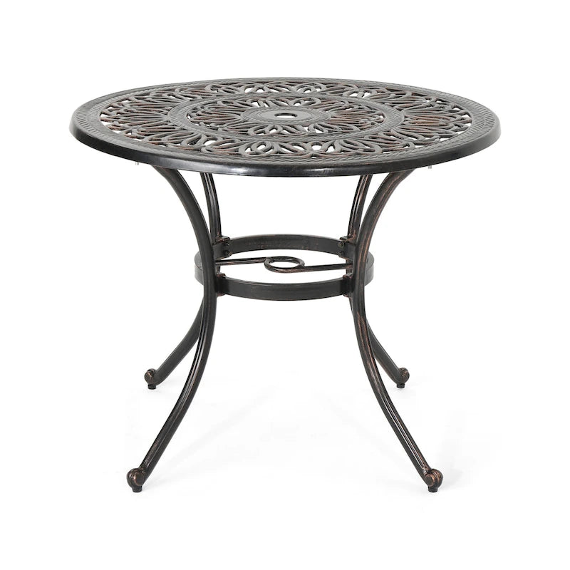 Shaili Outdoor Dining Table, Round 35 Inch Shiny Coppertone Cast Aluminum