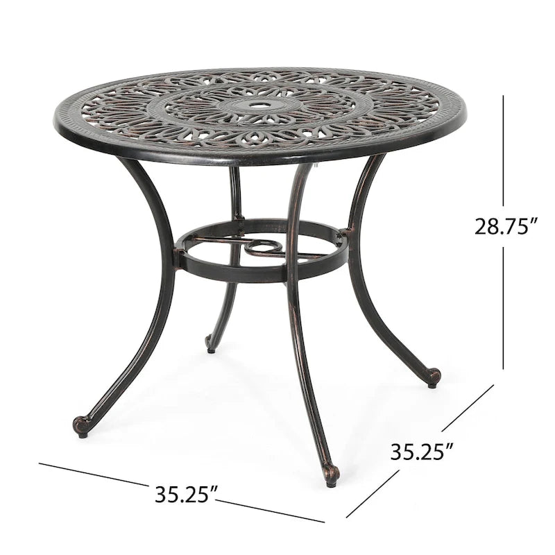 Shaili Outdoor Dining Table, Round 35 Inch Shiny Coppertone Cast Aluminum