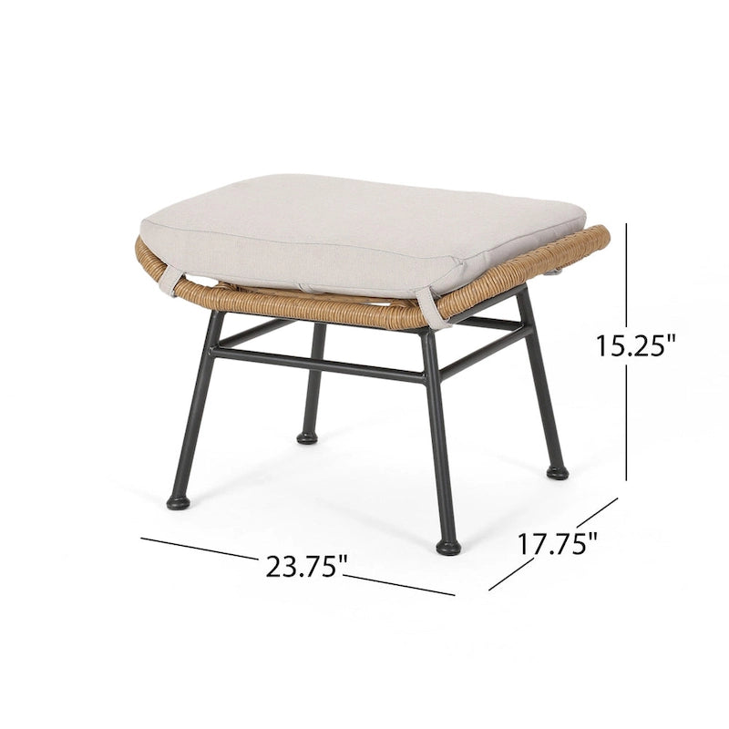 Margo Outdoor Ottoman Set of 2, 24 Inch Black Iron, Brown and Beige