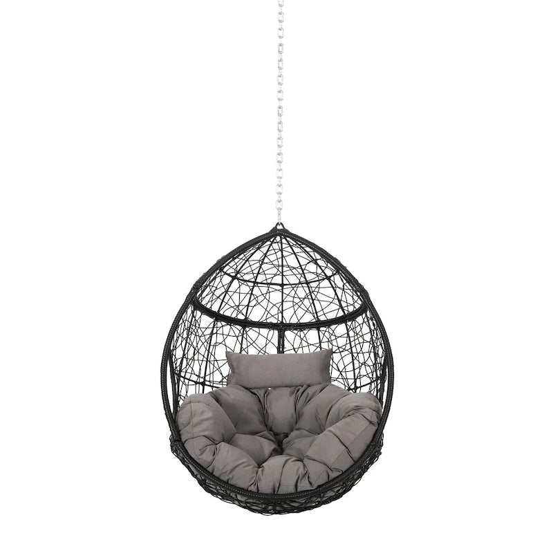 Castic Outdoor Hanging Chair, 46 Inch Rattan Frame, Black Iron, Gray