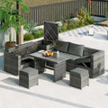 6 Piece Outdoor Furniture Set, All Weather Patio Conversation Set, Rattan Sofa Set with Storage Box and Tempered Glass Table