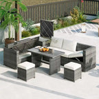 6 Piece Outdoor Furniture Set, All Weather Patio Conversation Set, Rattan Sofa Set with Storage Box and Tempered Glass Table