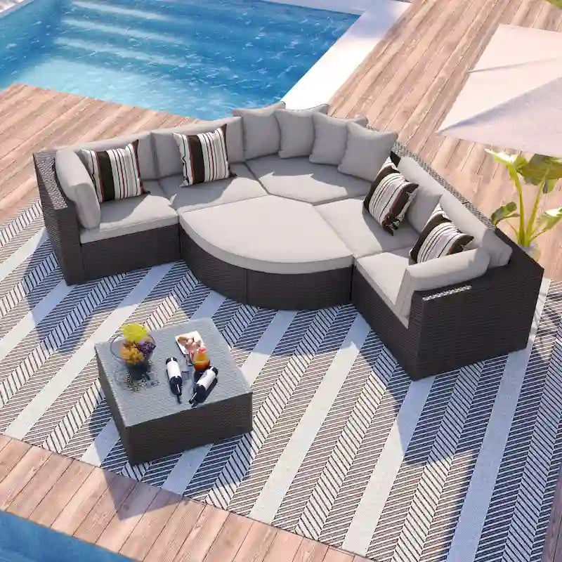 7 Piece Patio Curved Furniture Set, All Weather Outdoor Wicker Sofa Set, Rattan Sofa Lounger with Pillows and Cushio