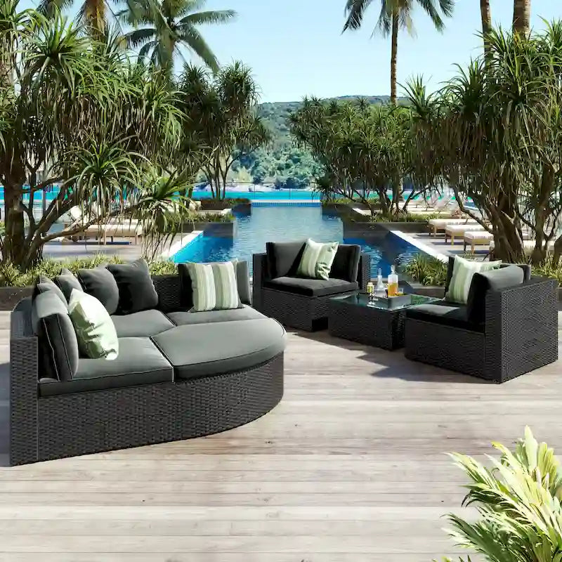7 Piece Patio Curved Furniture Set, All Weather Outdoor Wicker Sofa Set, Rattan Sofa Lounger with Pillows and Cushio