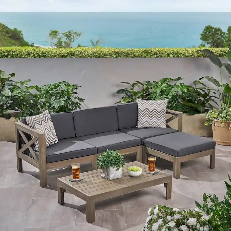 3 Piece Outdoor L-Shape Sofa Set, All-Weather Acacia Wood Conversation Furniture Set with Ottoman and Coffee Table