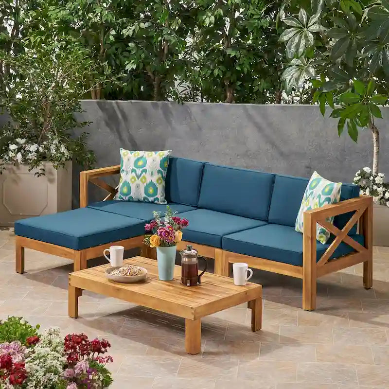 3 Piece Outdoor L-Shape Sofa Set, All-Weather Acacia Wood Conversation Furniture Set with Ottoman and Coffee Table