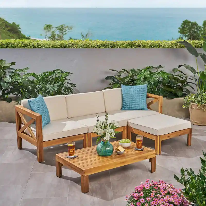 3 Piece Outdoor L-Shape Sofa Set, All-Weather Acacia Wood Conversation Furniture Set with Ottoman and Coffee Table