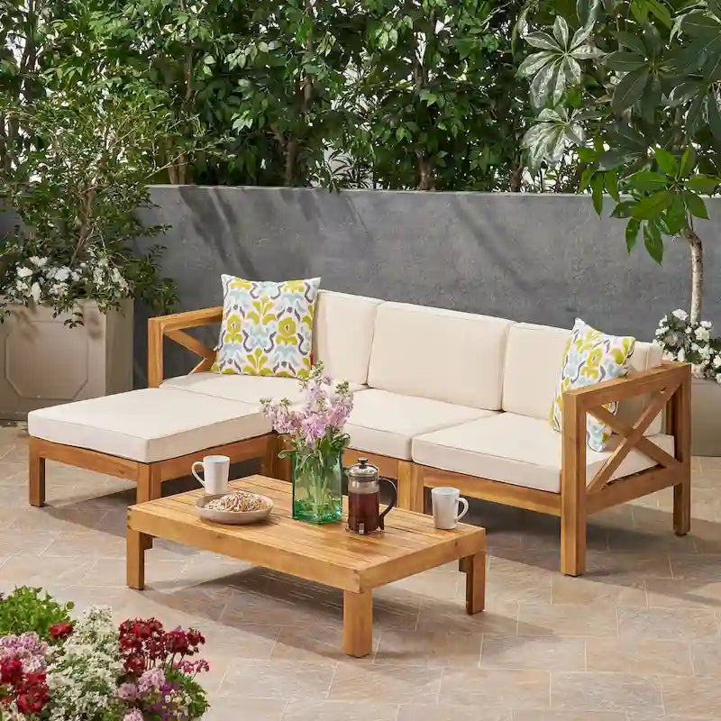 3 Piece Outdoor L-Shape Sofa Set, All-Weather Acacia Wood Conversation Furniture Set with Ottoman and Coffee Table