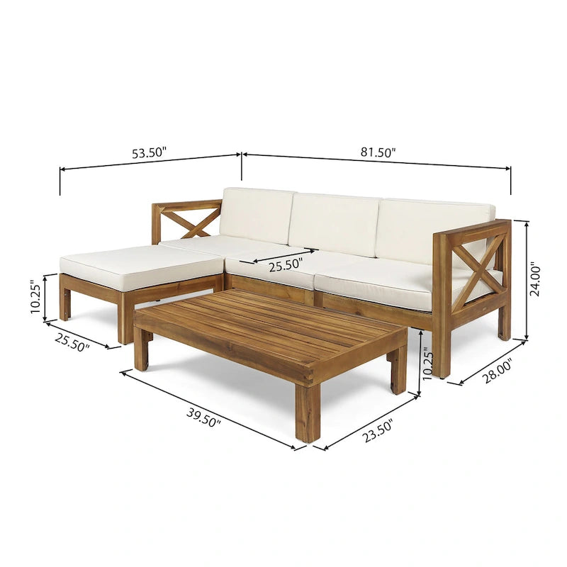 3 Piece Outdoor L-Shape Sofa Set, All-Weather Acacia Wood Conversation Furniture Set with Ottoman and Coffee Table
