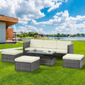 5 Piece Outdoor PE Wicker Sofa Set, Patio Conversation Furniture Set with Lift TOP Coffee Table and Lounger Sofa