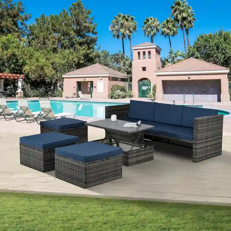 5 Piece Outdoor PE Wicker Sofa Set, Patio Conversation Furniture Set with Lift TOP Coffee Table and Lounger Sofa