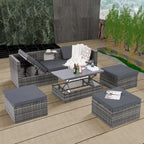 5 Piece Outdoor PE Wicker Sofa Set, Patio Conversation Furniture Set with Lift TOP Coffee Table and Lounger Sofa