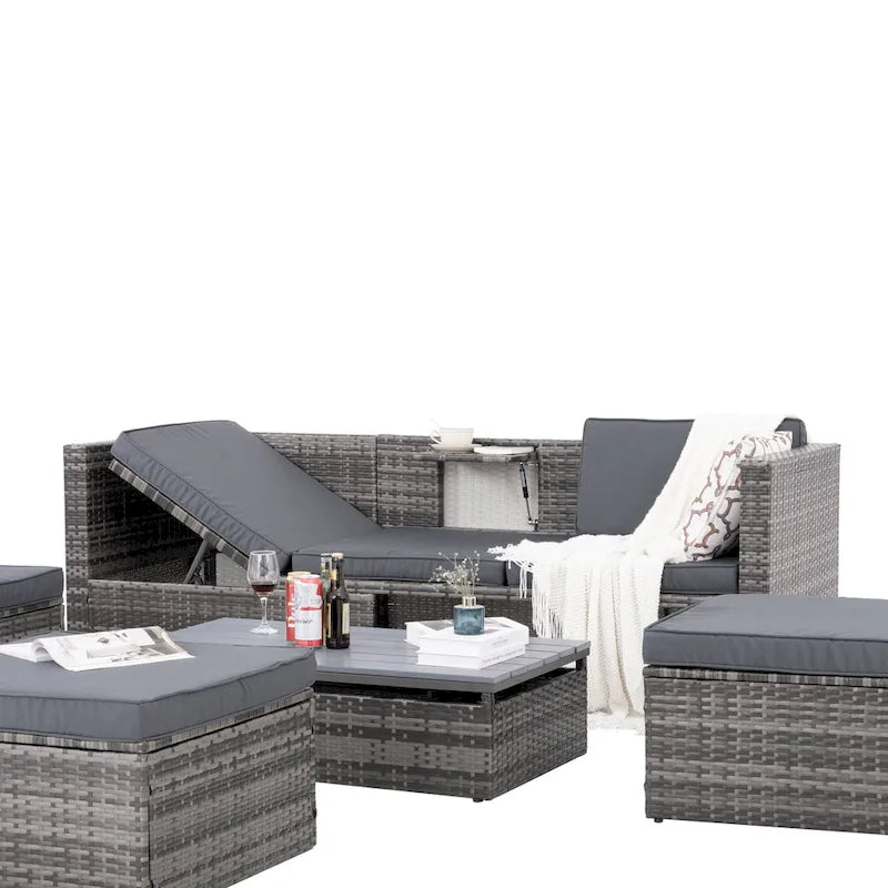 5 Piece Outdoor PE Wicker Sofa Set, Patio Conversation Furniture Set with Lift TOP Coffee Table and Lounger Sofa