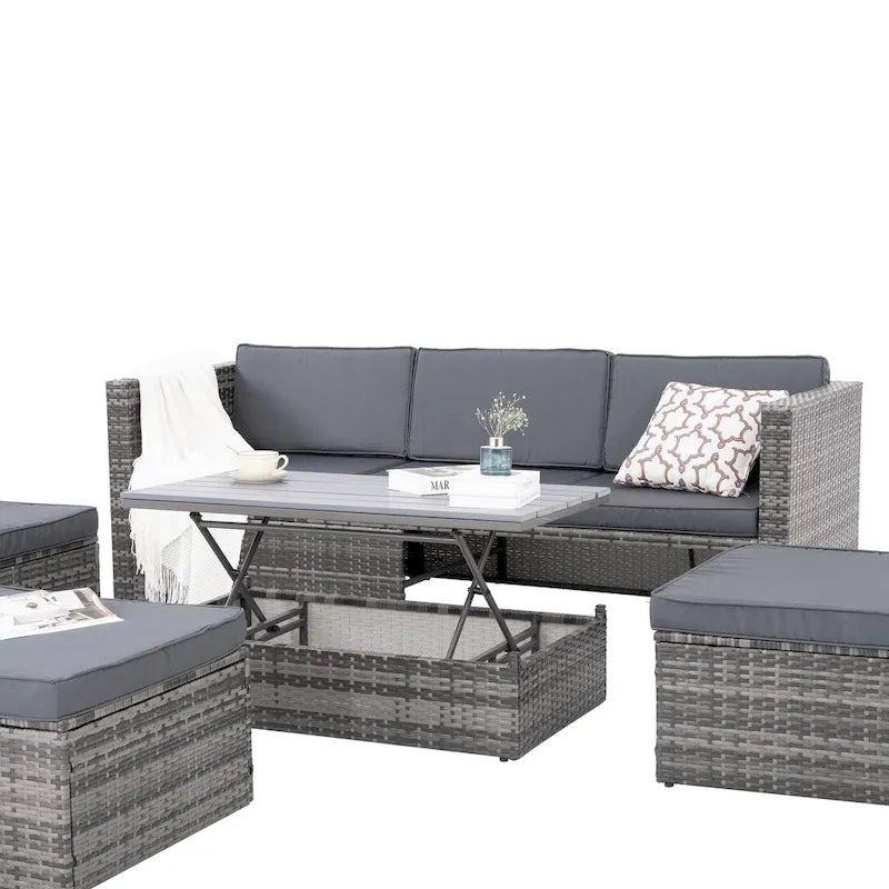 5 Piece Outdoor PE Wicker Sofa Set, Patio Conversation Furniture Set with Lift TOP Coffee Table and Lounger Sofa