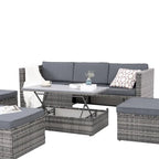 5 Piece Outdoor PE Wicker Sofa Set, Patio Conversation Furniture Set with Lift TOP Coffee Table and Lounger Sofa