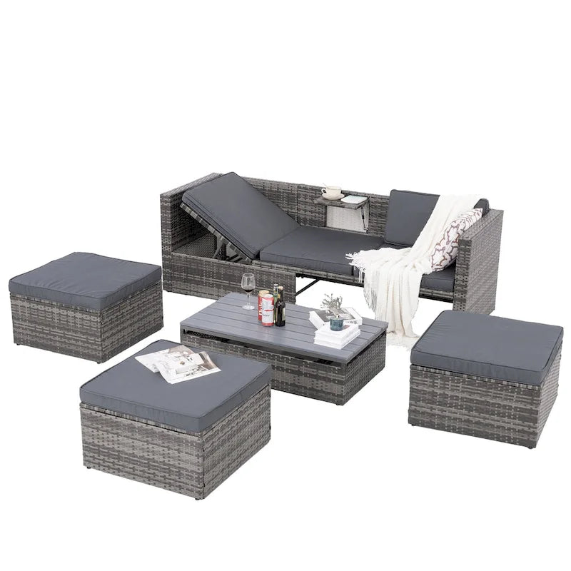 5 Piece Outdoor PE Wicker Sofa Set, Patio Conversation Furniture Set with Lift TOP Coffee Table and Lounger Sofa