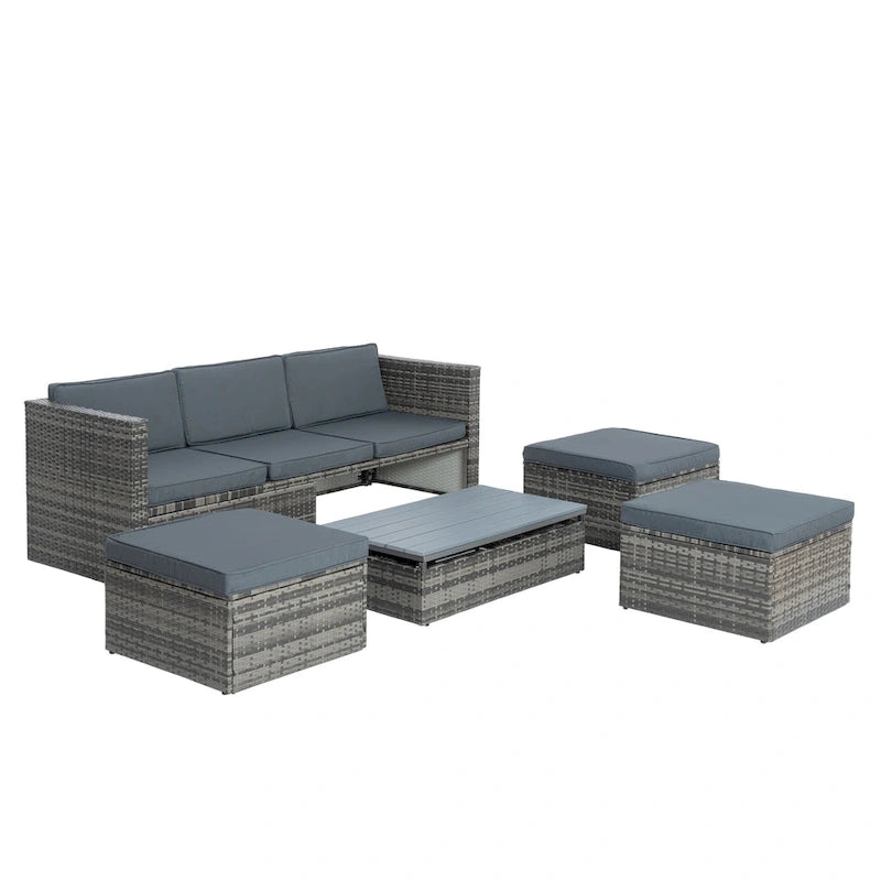 5 Piece Outdoor PE Wicker Sofa Set, Patio Conversation Furniture Set with Lift TOP Coffee Table and Lounger Sofa