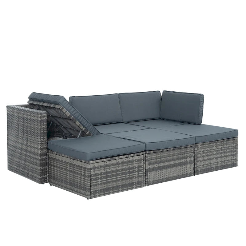 5 Piece Outdoor PE Wicker Sofa Set, Patio Conversation Furniture Set with Lift TOP Coffee Table and Lounger Sofa