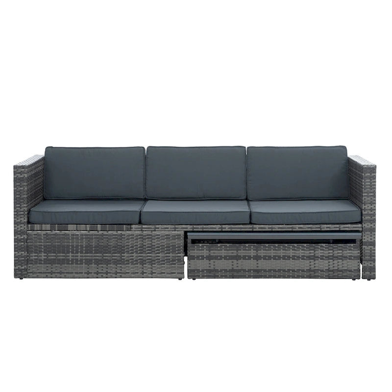 5 Piece Outdoor PE Wicker Sofa Set, Patio Conversation Furniture Set with Lift TOP Coffee Table and Lounger Sofa