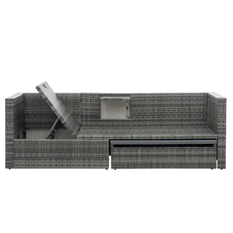5 Piece Outdoor PE Wicker Sofa Set, Patio Conversation Furniture Set with Lift TOP Coffee Table and Lounger Sofa