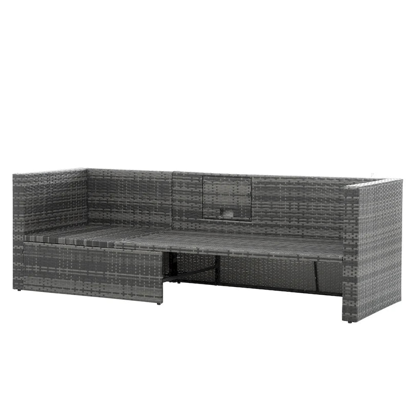 5 Piece Outdoor PE Wicker Sofa Set, Patio Conversation Furniture Set with Lift TOP Coffee Table and Lounger Sofa