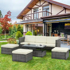 5 Piece Outdoor PE Wicker Sofa Set, Patio Conversation Furniture Set with Lift TOP Coffee Table and Lounger Sofa
