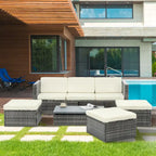5 Piece Outdoor PE Wicker Sofa Set, Patio Conversation Furniture Set with Lift TOP Coffee Table and Lounger Sofa