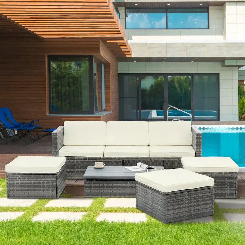 5 Piece Outdoor PE Wicker Sofa Set, Patio Conversation Furniture Set with Lift TOP Coffee Table and Lounger Sofa