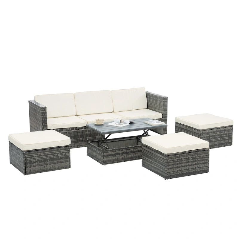 5 Piece Outdoor PE Wicker Sofa Set, Patio Conversation Furniture Set with Lift TOP Coffee Table and Lounger Sofa