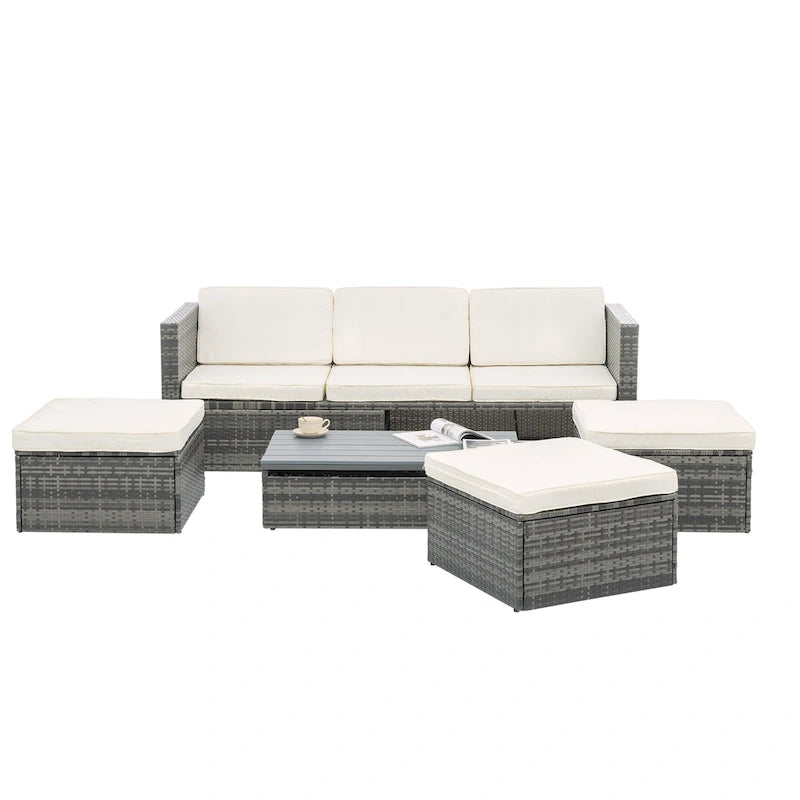 5 Piece Outdoor PE Wicker Sofa Set, Patio Conversation Furniture Set with Lift TOP Coffee Table and Lounger Sofa