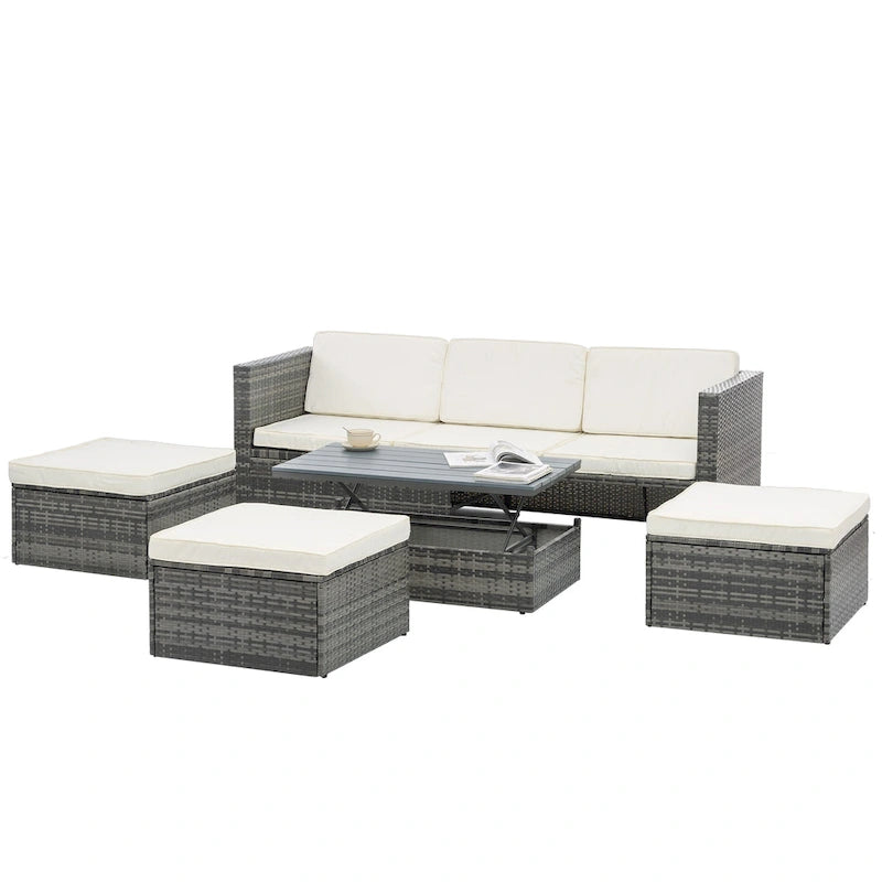 5 Piece Outdoor PE Wicker Sofa Set, Patio Conversation Furniture Set with Lift TOP Coffee Table and Lounger Sofa
