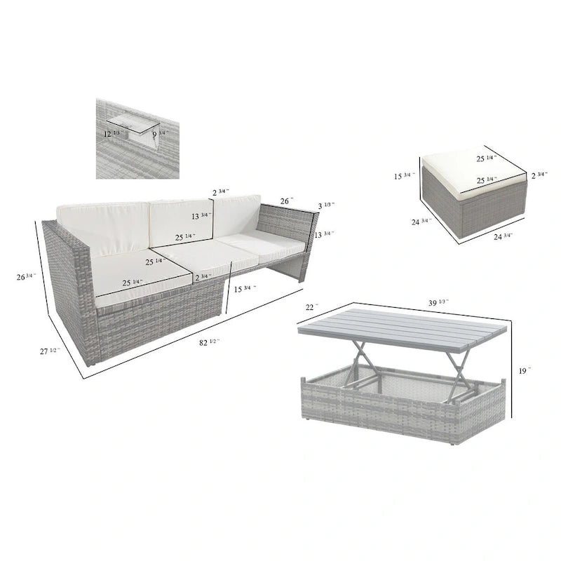 5 Piece Outdoor PE Wicker Sofa Set, Patio Conversation Furniture Set with Lift TOP Coffee Table and Lounger Sofa