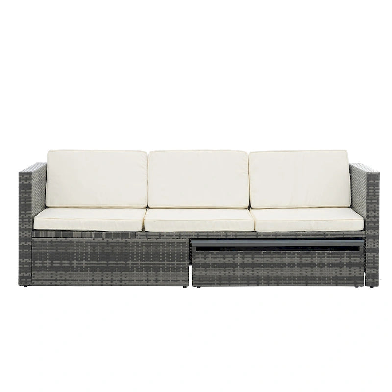 5 Piece Outdoor PE Wicker Sofa Set, Patio Conversation Furniture Set with Lift TOP Coffee Table and Lounger Sofa