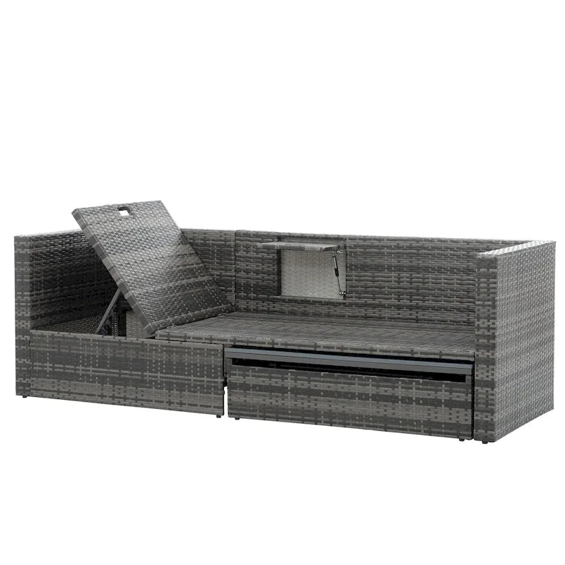 5 Piece Outdoor PE Wicker Sofa Set, Patio Conversation Furniture Set with Lift TOP Coffee Table and Lounger Sofa