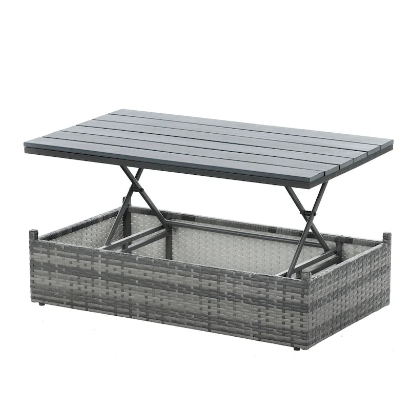 5 Piece Outdoor PE Wicker Sofa Set, Patio Conversation Furniture Set with Lift TOP Coffee Table and Lounger Sofa