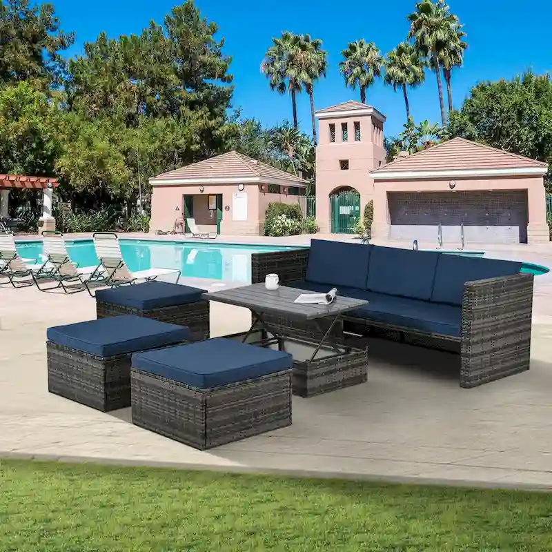 5 Piece Outdoor PE Wicker Sofa Set, Patio Conversation Furniture Set with Lift TOP Coffee Table and Lounger Sofa