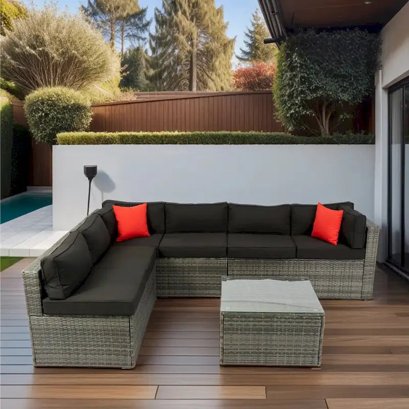 5 Pcs Outdoor Sectional Sofa Set, All-Weather PE Rattan Conversation Furniture Set with Coffee Table and 2 Pillows