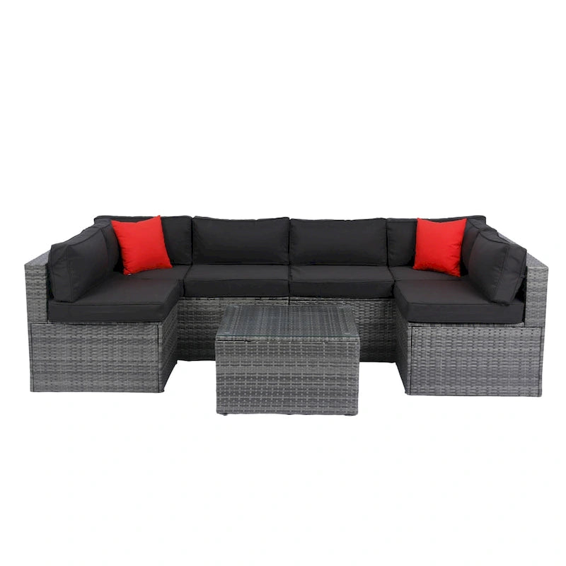 5 Pcs Outdoor Sectional Sofa Set, All-Weather PE Rattan Conversation Furniture Set with Coffee Table and 2 Pillows