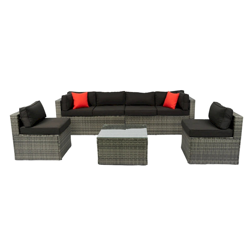 5 Pcs Outdoor Sectional Sofa Set, All-Weather PE Rattan Conversation Furniture Set with Coffee Table and 2 Pillows