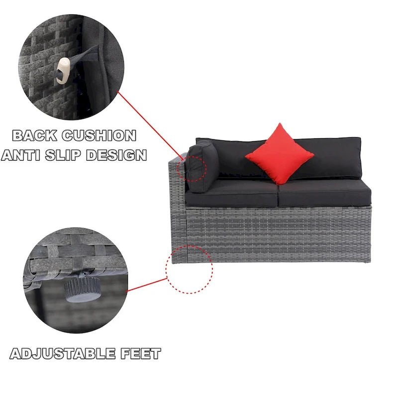 5 Pcs Outdoor Sectional Sofa Set, All-Weather PE Rattan Conversation Furniture Set with Coffee Table and 2 Pillows