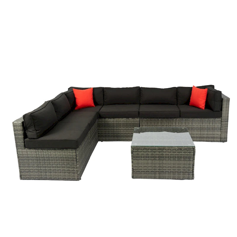 5 Pcs Outdoor Sectional Sofa Set, All-Weather PE Rattan Conversation Furniture Set with Coffee Table and 2 Pillows