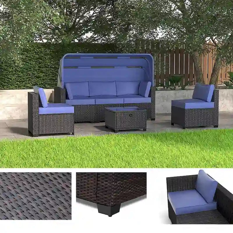 6 Piece Patio Furniture Set, Outdoor Sectional Sofa Set with Canopy and Backrest, Patio Conversation Set with Coffee Table