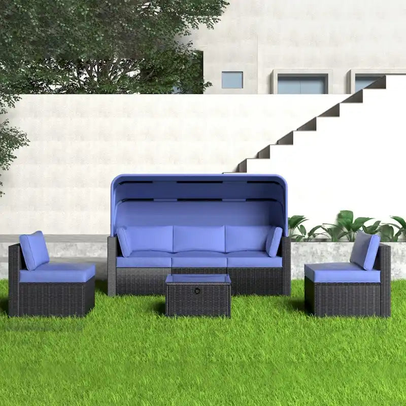 6 Piece Patio Furniture Set, Outdoor Sectional Sofa Set with Canopy and Backrest, Patio Conversation Set with Coffee Table