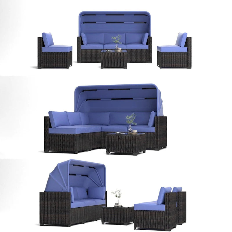 6 Piece Patio Furniture Set, Outdoor Sectional Sofa Set with Canopy and Backrest, Patio Conversation Set with Coffee Table