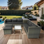 8 Pcs Patio L-Shaped Sectional Sofa Set, Outdoor Wicker Rattan Furniture Set with One Storage Box Under Seat and Coffee Table