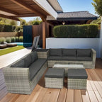 8 Pcs Patio L-Shaped Sectional Sofa Set, Outdoor Wicker Rattan Furniture Set with One Storage Box Under Seat and Coffee Table