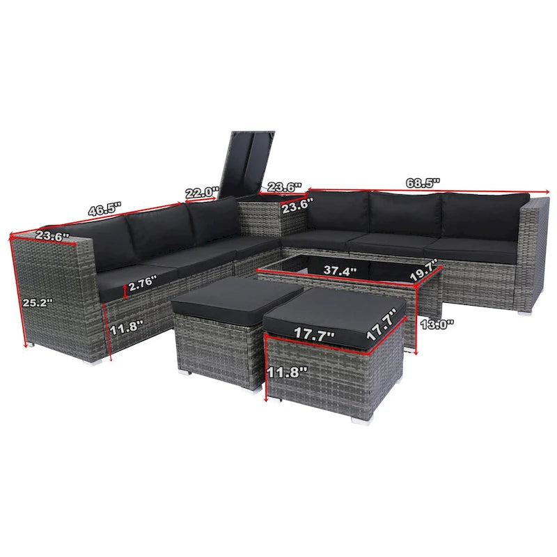 8 Pcs Patio L-Shaped Sectional Sofa Set, Outdoor Wicker Rattan Furniture Set with One Storage Box Under Seat and Coffee Table