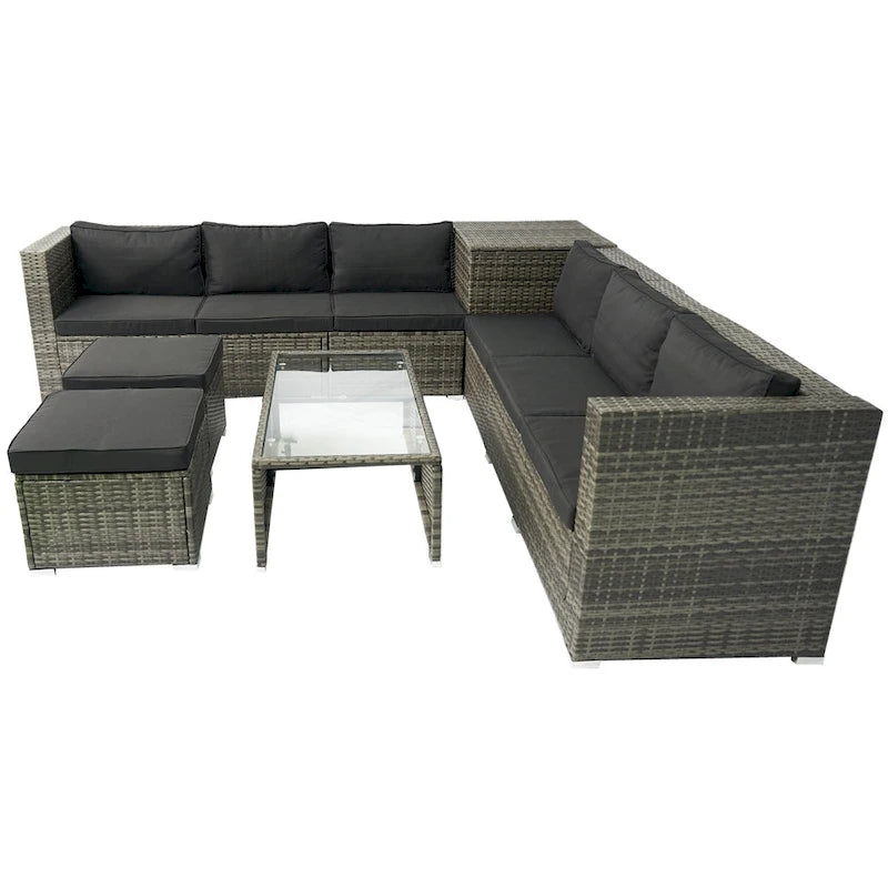 8 Pcs Patio L-Shaped Sectional Sofa Set, Outdoor Wicker Rattan Furniture Set with One Storage Box Under Seat and Coffee Table