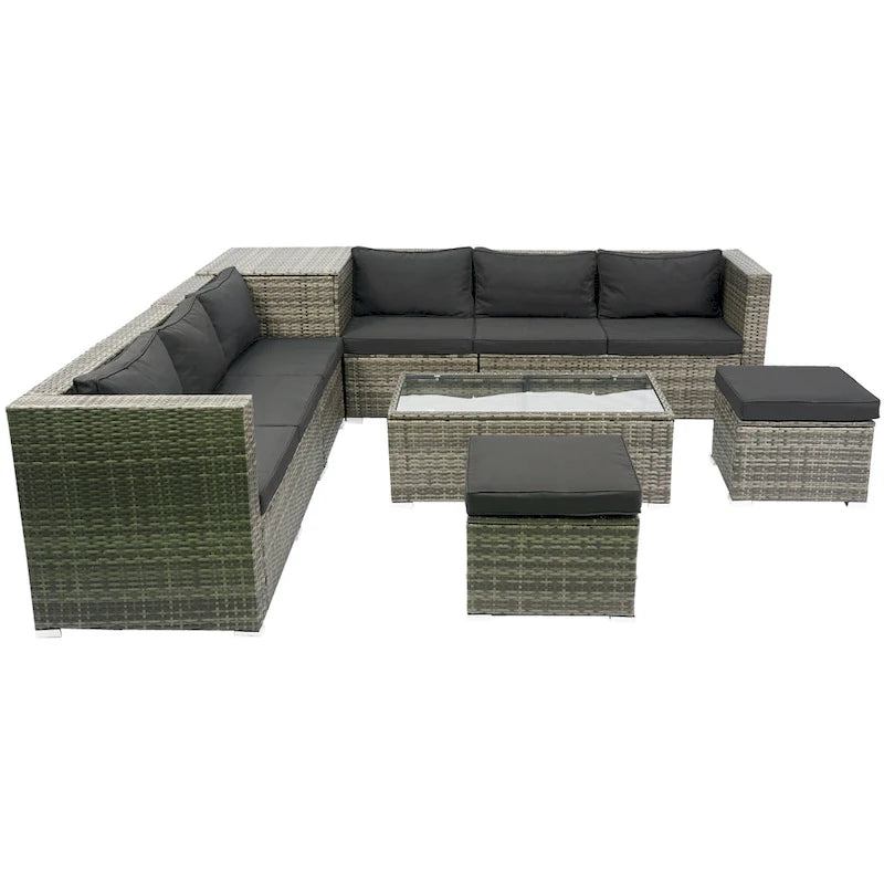 8 Pcs Patio L-Shaped Sectional Sofa Set, Outdoor Wicker Rattan Furniture Set with One Storage Box Under Seat and Coffee Table